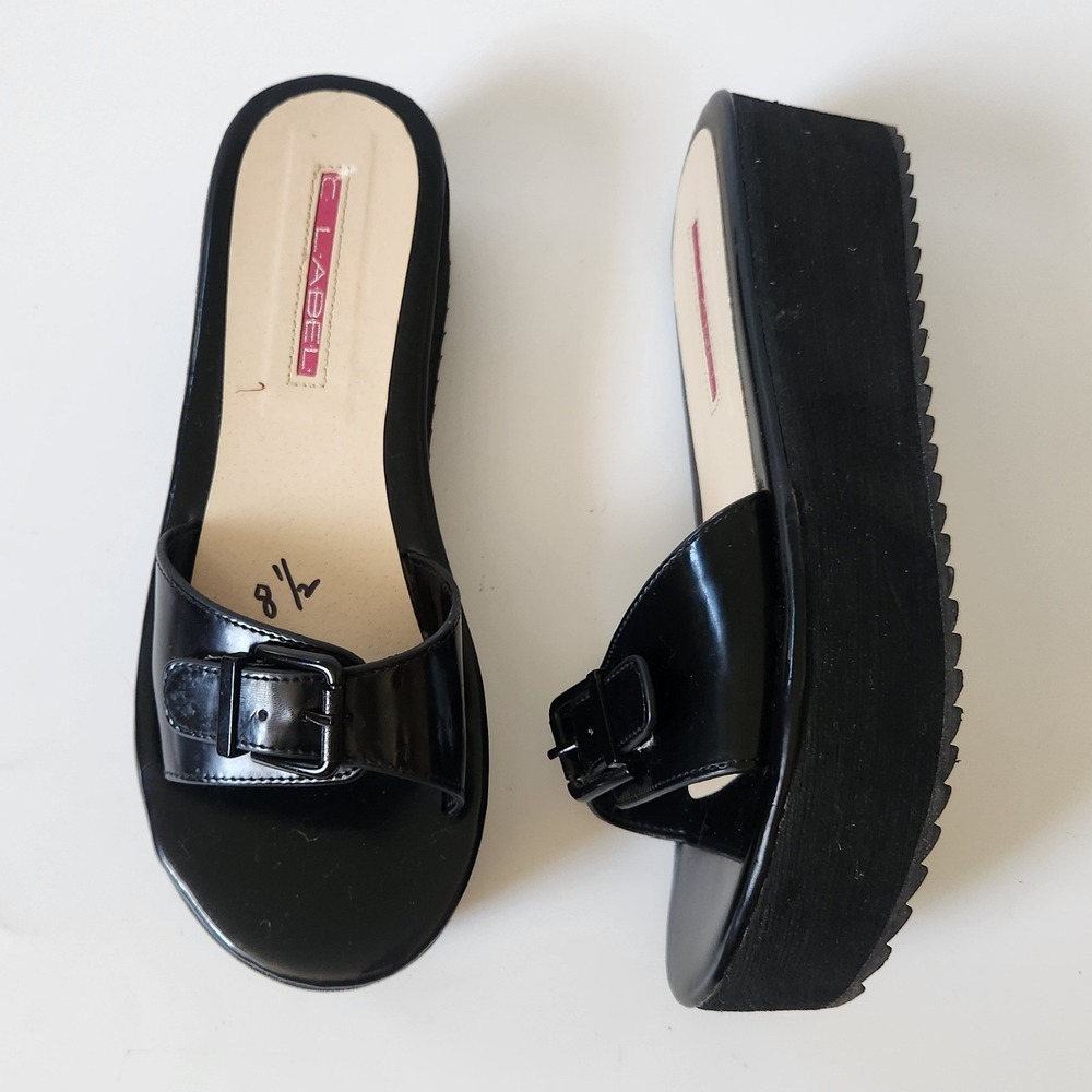 Vintage Y2KC Label Chunky Flatform Sandals 8.5 Black Patent Leather Grunge Retro